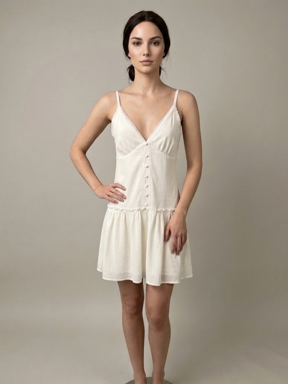 White Lace Trim V-Neck Mini Dress | Button Front Ruffle Hem